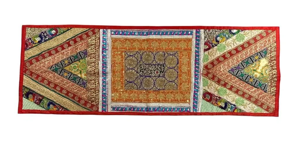 Indian Sari Patchwork Table Runner 57.5” Embroidered Sequin Beaded Boho Textile